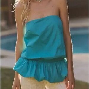Free People Free Est Bea Bubble Tube Top Drop Waist Cotton Women S Teal Blue NWT